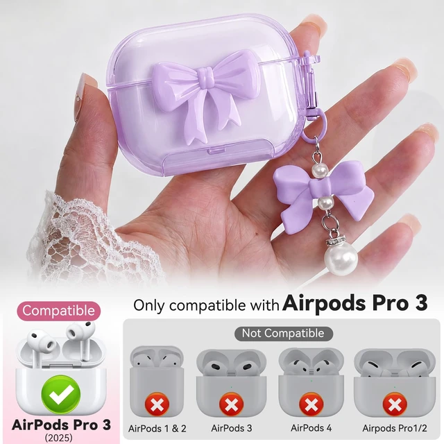 Alt view image 2 of 7 - for Airpods Pro 3 Case Pink 2025 with Safety Lock & Phone Stand, Bow Clear iPod Pro 3 Cases with Cute Keychain & Cleaning Kit, Soft TPU Cover for AirPods Pro 3rd Generation Case Girls Women (Purple)