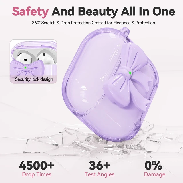 Alt view image 3 of 6 - for Airpods 5/4 Case Pink with Safety Lock & Phone Stand, 3D Bow Clear Case with Cute Keychain & Cleaning Kit for Apple Airpods 4/5th (2024/2026) Generation Soft TPU Cover for Girls Women (Purple)