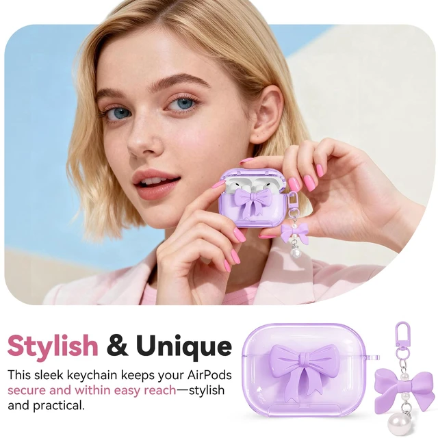 Alt view image 6 of 7 - for Airpods Pro 3 Case Pink 2025 with Safety Lock & Phone Stand, Bow Clear iPod Pro 3 Cases with Cute Keychain & Cleaning Kit, Soft TPU Cover for AirPods Pro 3rd Generation Case Girls Women (Purple)