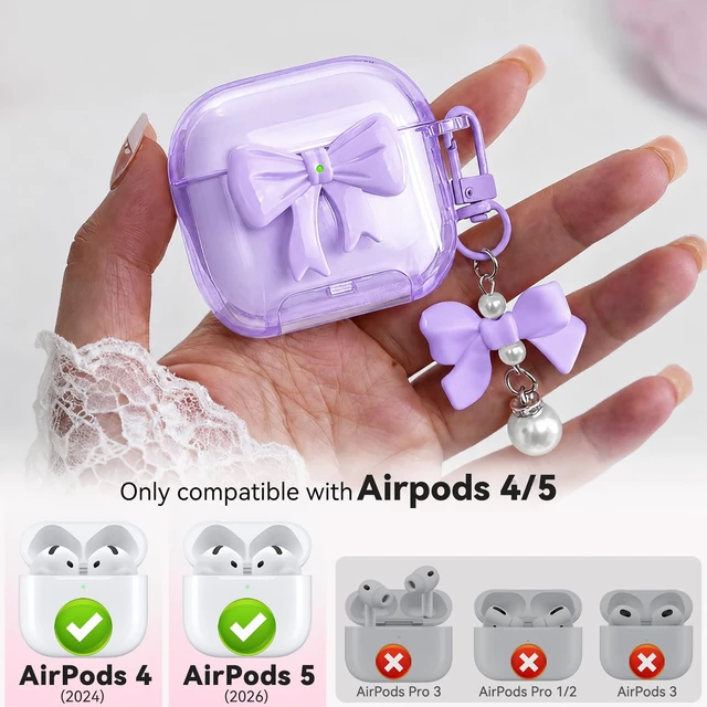 Alt view image 5 of 6 - for Airpods 5/4 Case Pink with Safety Lock & Phone Stand, 3D Bow Clear Case with Cute Keychain & Cleaning Kit for Apple Airpods 4/5th (2024/2026) Generation Soft TPU Cover for Girls Women (Purple)