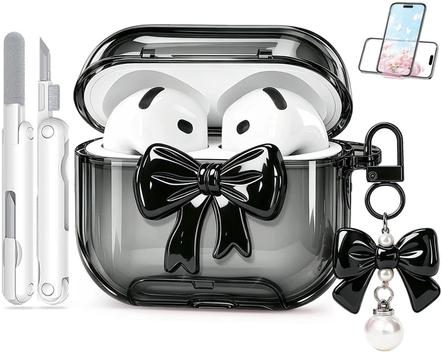 Main image of for Airpods 5/4 Case Pink with Safety Lock & Phone Stand, 3D Bow Clear Case with Cute Keychain & Cleaning Kit for Apple Airpods 4/5th (2024/2026) Generation Soft TPU Cover for Girls Women (Black)