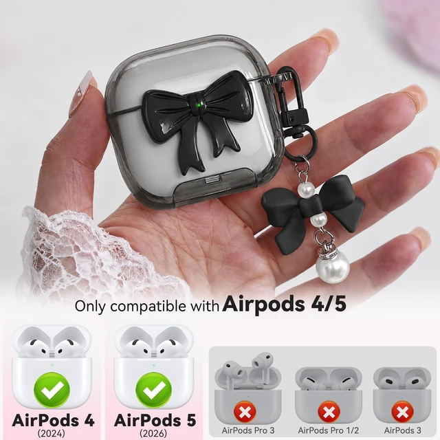 Alt view image 2 of 6 - for Airpods 5/4 Case Pink with Safety Lock & Phone Stand, 3D Bow Clear Case with Cute Keychain & Cleaning Kit for Apple Airpods 4/5th (2024/2026) Generation Soft TPU Cover for Girls Women (Black)