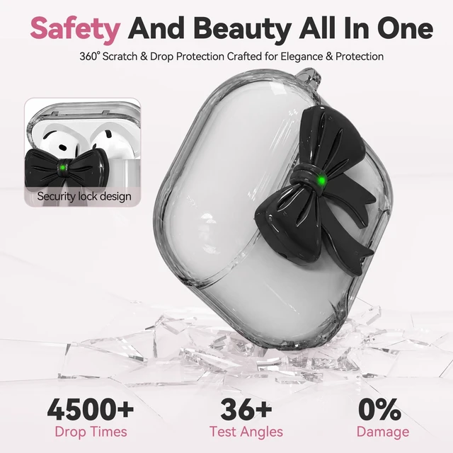 Alt view image 4 of 6 - for Airpods 5/4 Case Pink with Safety Lock & Phone Stand, 3D Bow Clear Case with Cute Keychain & Cleaning Kit for Apple Airpods 4/5th (2024/2026) Generation Soft TPU Cover for Girls Women (Black)