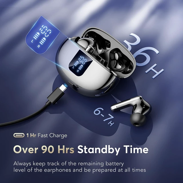Alt view image 6 of 7 - True Earbuds Wireless Bluetooth 5.4 with Active Noise Cancelling Earbuds Ear Buds Wireless Bluetooth Earbuds with Mic In-Ear Earphones Touch,LED Display,90H,IPX5,Android iOS for Running Gym Workout