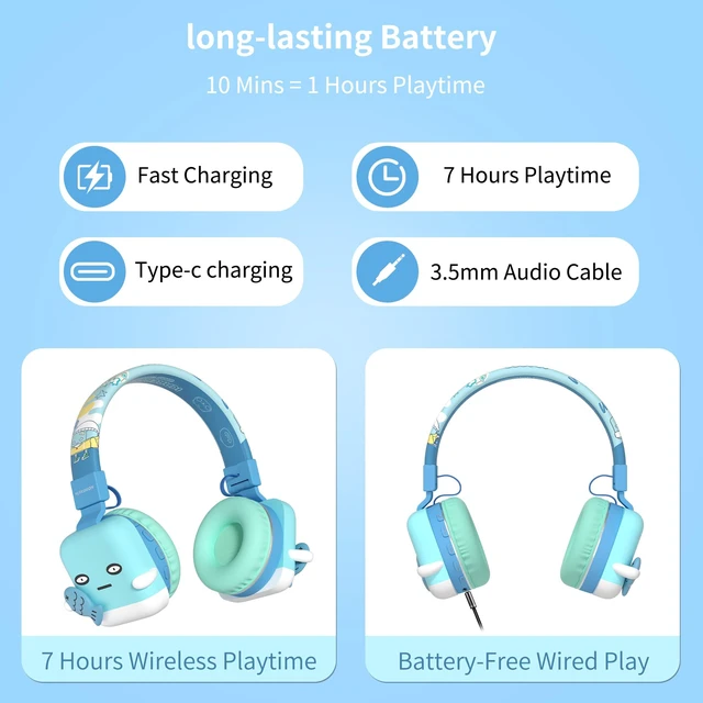 Alt view image 5 of 7 - Kids Headphones for School, 85dB Safe Cute Animal Design, Foldable Over-Ear Soft with Mic, Bluetooth 5.4, 20H Playtime, Wireless/Wired/FM/TF for School Travel Camping, Boys Girls Toddlers Gift