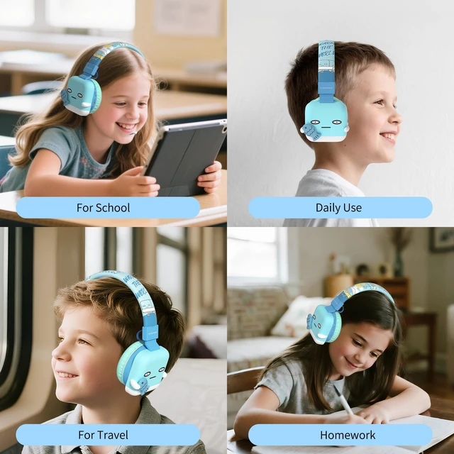 Alt view image 4 of 7 - Kids Headphones for School, 85dB Safe Cute Animal Design, Foldable Over-Ear Soft with Mic, Bluetooth 5.4, 20H Playtime, Wireless/Wired/FM/TF for School Travel Camping, Boys Girls Toddlers Gift