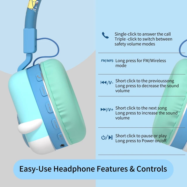 Alt view image 6 of 7 - Kids Headphones for School, 85dB Safe Cute Animal Design, Foldable Over-Ear Soft with Mic, Bluetooth 5.4, 20H Playtime, Wireless/Wired/FM/TF for School Travel Camping, Boys Girls Toddlers Gift