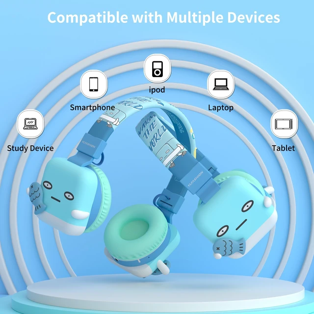 Alt view image 7 of 7 - Kids Headphones for School, 85dB Safe Cute Animal Design, Foldable Over-Ear Soft with Mic, Bluetooth 5.4, 20H Playtime, Wireless/Wired/FM/TF for School Travel Camping, Boys Girls Toddlers Gift