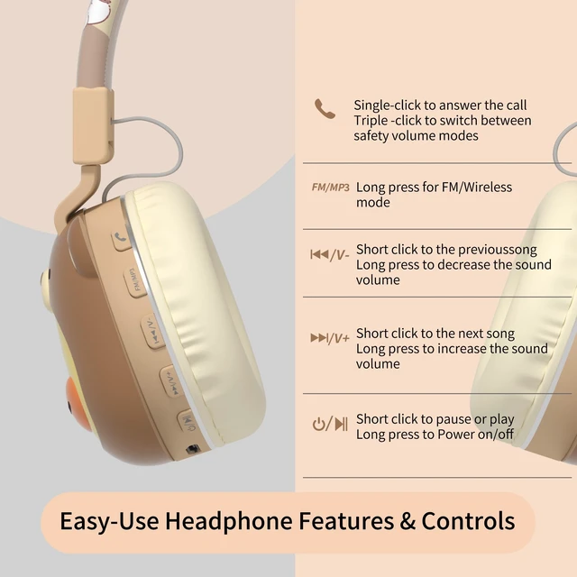 Alt view image 6 of 7 - Kids Headphones for School, 85dB Safe Cute Animal Design, Foldable Over-Ear Soft with Mic, Bluetooth 5.4, 20H Playtime, Wireless/Wired/FM/TF for School Travel Camping, Boys Girls Toddlers Gift