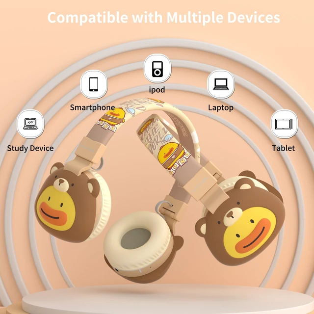 Alt view image 7 of 7 - Kids Headphones for School, 85dB Safe Cute Animal Design, Foldable Over-Ear Soft with Mic, Bluetooth 5.4, 20H Playtime, Wireless/Wired/FM/TF for School Travel Camping, Boys Girls Toddlers Gift