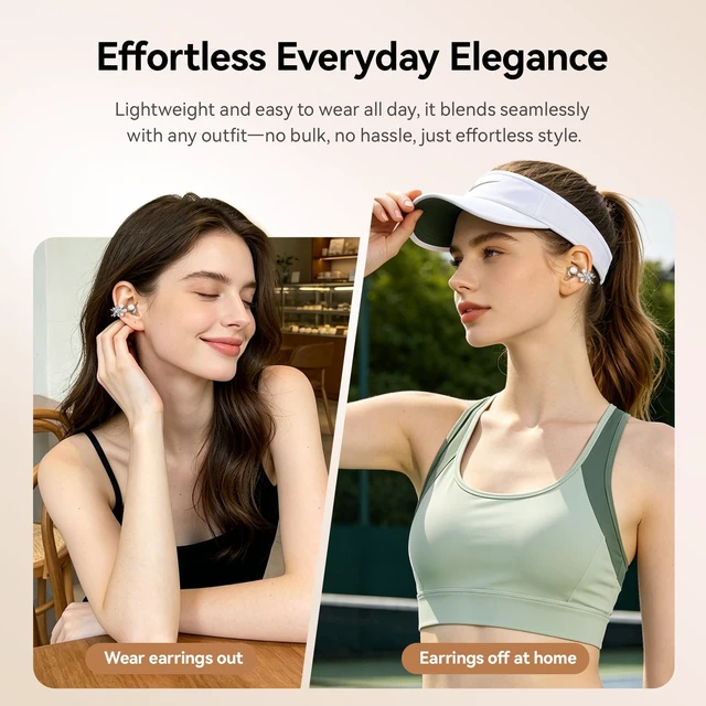 Alt view image 6 of 7 - Clip On Earbuds with Detachable Butterfly Earrings & LED Makeup Mirror Case, Wireless Earbuds Bluetooth 6.0, Air Conduction Headphones, Lightweight for Travel Work Daily Use,Great Gift Choice