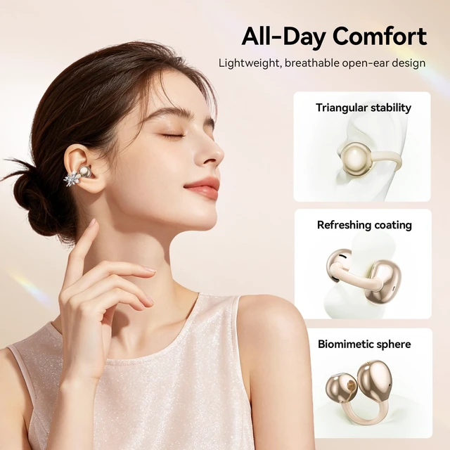 Alt view image 7 of 7 - Clip On Earbuds with Detachable Butterfly Earrings & LED Makeup Mirror Case, Wireless Earbuds Bluetooth 6.0, Air Conduction Headphones, Lightweight for Travel Work Daily Use,Great Gift Choice