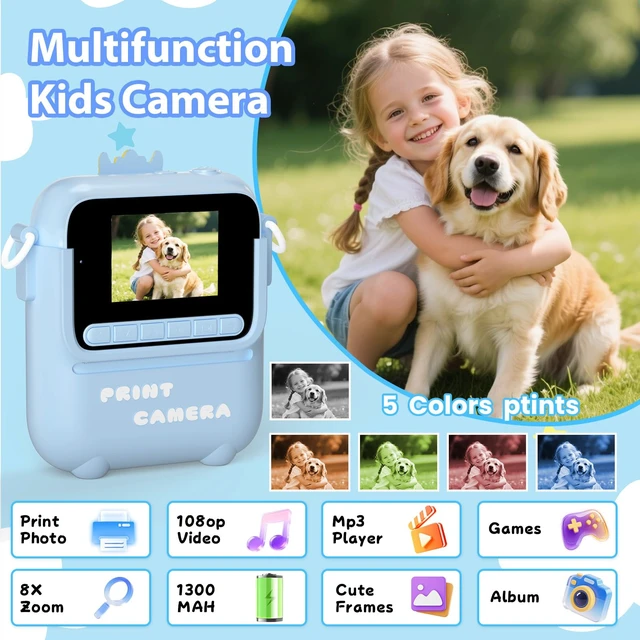Alt view image 2 of 7 - Kids Camera Instant Print, 3 4 5 6 7 8 9 10 11 Year Old Boy Birthday Gift 1080P HD Video Digital Instant Camera for Kids with Silicone Cover & 5 Rolls of Printer Paper (Blue)