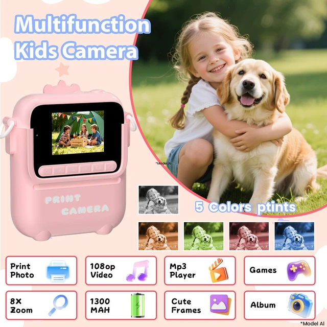 Alt view image 3 of 7 - Kids Camera Instant Print, 3 4 5 6 7 8 9 10 11 Year Old Girl Birthday Gift 1080P HD Video Digital Instant Camera for Kids with Silicone Cover & 5 Rolls of Printer Paper (Pink)