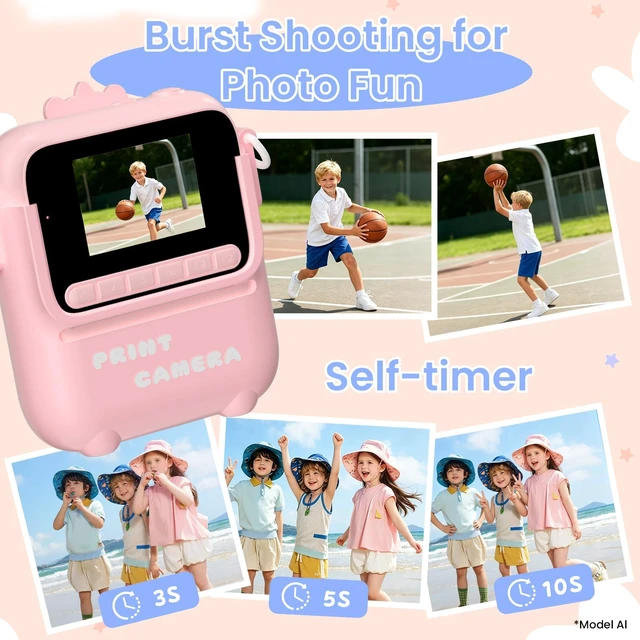 Alt view image 7 of 7 - Kids Camera Instant Print, 3 4 5 6 7 8 9 10 11 Year Old Girl Birthday Gift 1080P HD Video Digital Instant Camera for Kids with Silicone Cover & 5 Rolls of Printer Paper (Pink)