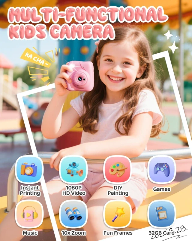 Alt view image 2 of 7 - Kids Camera Instant Print, 1080P Camera with 32GB Card, Blue Includes 3 Print Paper, 2.0" Screen Digital Camera, 10X Zoom, Birthday for Boys & Girls Ages 3-12