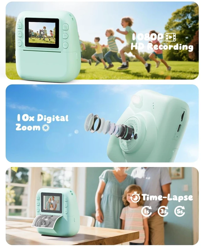 Alt view image 4 of 7 - Kids Camera Instant Print, 1080P Camera with 32GB Card, Blue Includes 3 Print Paper, 2.0" Screen Digital Camera, 10X Zoom, Birthday for Boys & Girls Ages 3-12