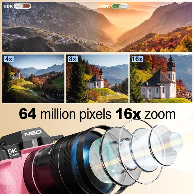 Alt view image 2 of 7 - NBD 5K 64MP Digital Cameras for Photography with Dual-Lens WiFi Vlogging Point and Shoot Camera Kit for Beginners,with 180° Flip Screen,16X Zoom,32GB Card,2 Batteries(PINK)