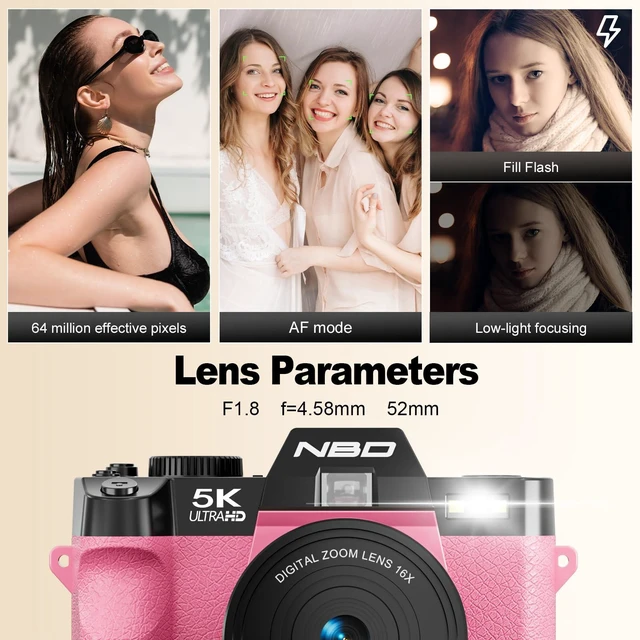 Alt view image 5 of 7 - NBD 5K 64MP Digital Cameras for Photography with Dual-Lens WiFi Vlogging Point and Shoot Camera Kit for Beginners,with 180° Flip Screen,16X Zoom,32GB Card,2 Batteries(PINK)