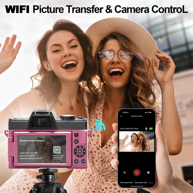 Alt view image 6 of 7 - NBD 5K 64MP Digital Cameras for Photography with Dual-Lens WiFi Vlogging Point and Shoot Camera Kit for Beginners,with 180° Flip Screen,16X Zoom,32GB Card,2 Batteries(PINK)