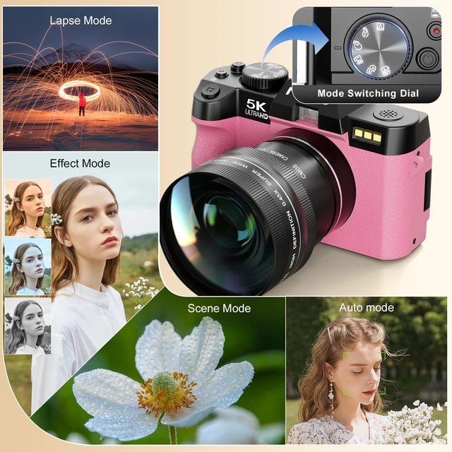 Alt view image 7 of 7 - NBD 5K 64MP Digital Cameras for Photography with Dual-Lens WiFi Vlogging Point and Shoot Camera Kit for Beginners,with 180° Flip Screen,16X Zoom,32GB Card,2 Batteries(PINK)