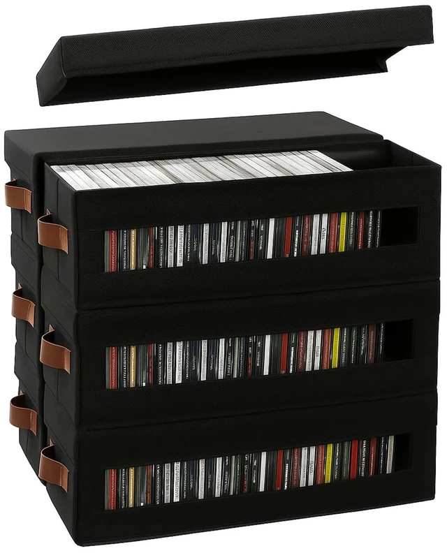 Main image of 6 Packs CD Storage Box with Visible Window, Stackable CD Case Holder with Dustproof Lid and Handles, Holds Up to 222 CDs in Full Jewel Cases-15.75 x 6.10 x 5.31 Inches-Black