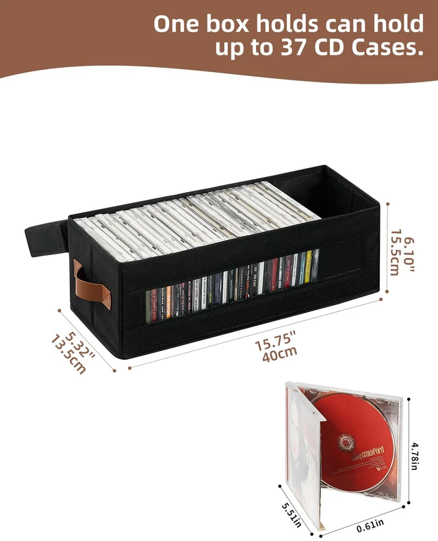 Alt view image 2 of 7 - 6 Packs CD Storage Box with Visible Window, Stackable CD Case Holder with Dustproof Lid and Handles, Holds Up to 222 CDs in Full Jewel Cases-15.75 x 6.10 x 5.31 Inches-Black