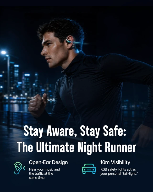 Alt view image 4 of 7 - 30H IP68 RGB Bone Conduction Headphones with Charging Case Open Ear Headphones, Ideal for Night Running/Cycling, Earhooks Design, Fit for All-Day Comfort, Premium Sound, Bluetooth 5.3