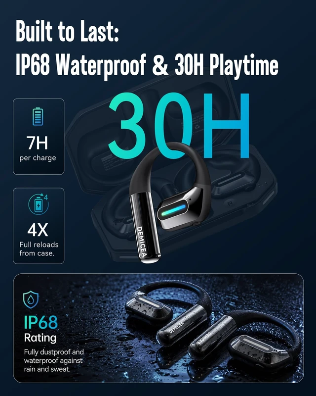 Alt view image 6 of 7 - 30H IP68 RGB Bone Conduction Headphones with Charging Case Open Ear Headphones, Ideal for Night Running/Cycling, Earhooks Design, Fit for All-Day Comfort, Premium Sound, Bluetooth 5.3