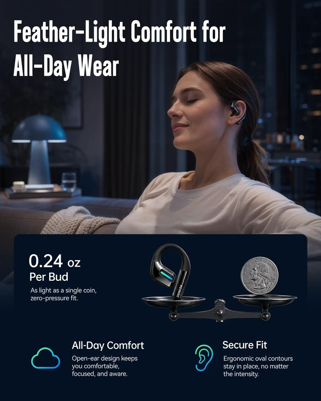 Alt view image 5 of 7 - 30H IP68 RGB Bone Conduction Headphones with Charging Case Open Ear Headphones, Ideal for Night Running/Cycling, Earhooks Design, Fit for All-Day Comfort, Premium Sound, Bluetooth 5.3
