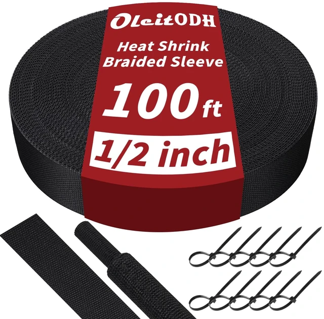Main image of 100 ft 1/2 in 2:1 Heat Shrink Braided Sleeving, Black Abrasion-resistant polyolefin and polyester sleeve for automotive wiring harness protection and cable management