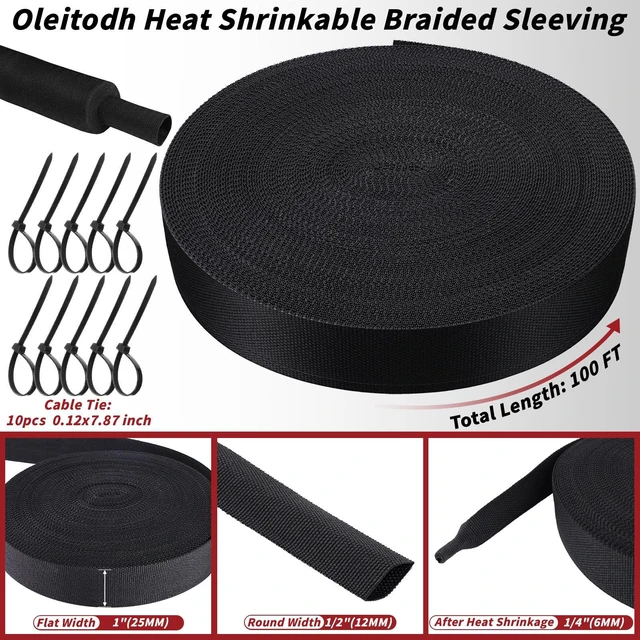 Alt view image 2 of 7 - 100 ft 1/2 in 2:1 Heat Shrink Braided Sleeving, Black Abrasion-resistant polyolefin and polyester sleeve for automotive wiring harness protection and cable management