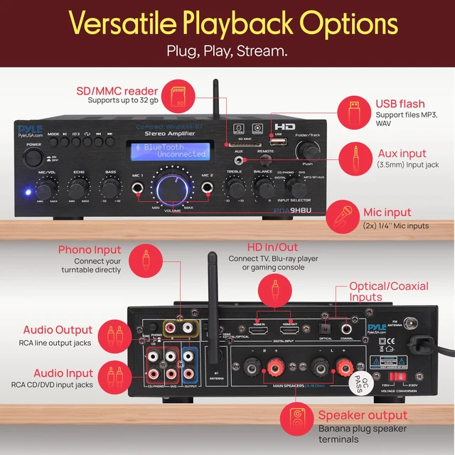 Alt view image 2 of 7 - Wireless Bluetooth Home Stereo Amplifier - Multi-Channel 200 Watt Power Amplifier Home Audio Receiver System w/HDMI, Optical/Phono/Coaxial, FM Radio, USB/SD, AUX, RCA, Mic in - Remote - PDA9HBU