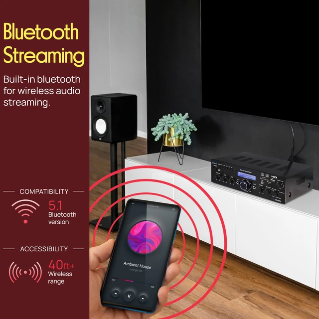 Alt view image 3 of 7 - Wireless Bluetooth Home Stereo Amplifier - Multi-Channel 200 Watt Power Amplifier Home Audio Receiver System w/HDMI, Optical/Phono/Coaxial, FM Radio, USB/SD, AUX, RCA, Mic in - Remote - PDA9HBU