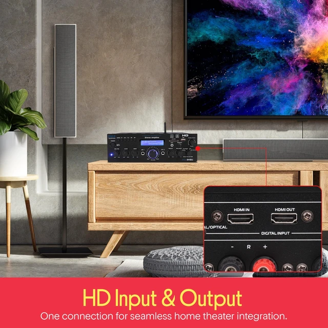Alt view image 5 of 7 - Wireless Bluetooth Home Stereo Amplifier - Multi-Channel 200 Watt Power Amplifier Home Audio Receiver System w/HDMI, Optical/Phono/Coaxial, FM Radio, USB/SD, AUX, RCA, Mic in - Remote - PDA9HBU