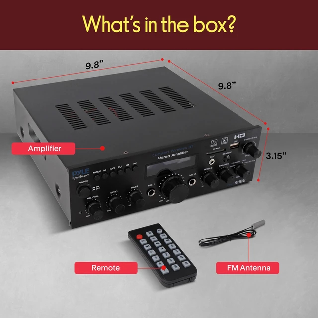 Alt view image 7 of 7 - Wireless Bluetooth Home Stereo Amplifier - Multi-Channel 200 Watt Power Amplifier Home Audio Receiver System w/HDMI, Optical/Phono/Coaxial, FM Radio, USB/SD, AUX, RCA, Mic in - Remote - PDA9HBU