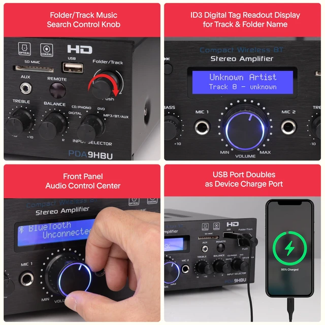Alt view image 6 of 7 - Wireless Bluetooth Home Stereo Amplifier - Multi-Channel 200 Watt Power Amplifier Home Audio Receiver System w/HDMI, Optical/Phono/Coaxial, FM Radio, USB/SD, AUX, RCA, Mic in - Remote - PDA9HBU