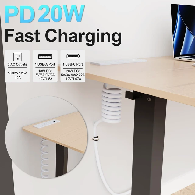 Alt view image 2 of 7 - Drawer Outlet Kit, Recessed Furniture Power Strip, PD 20W Fast Charging Horizontal Outlet, Clutter-Free Drawer Socket with 2 USB(A & C) and 3 12 Amp AC Ports, 7.2 FT Power Cord, Spring Cable