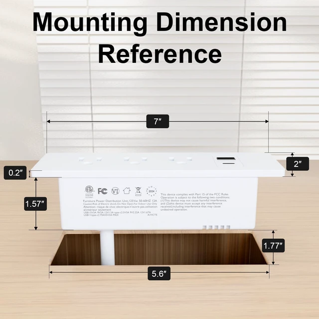 Alt view image 6 of 7 - Drawer Outlet Kit, Recessed Furniture Power Strip, PD 20W Fast Charging Horizontal Outlet, Clutter-Free Drawer Socket with 2 USB(A & C) and 3 12 Amp AC Ports, 7.2 FT Power Cord, Spring Cable