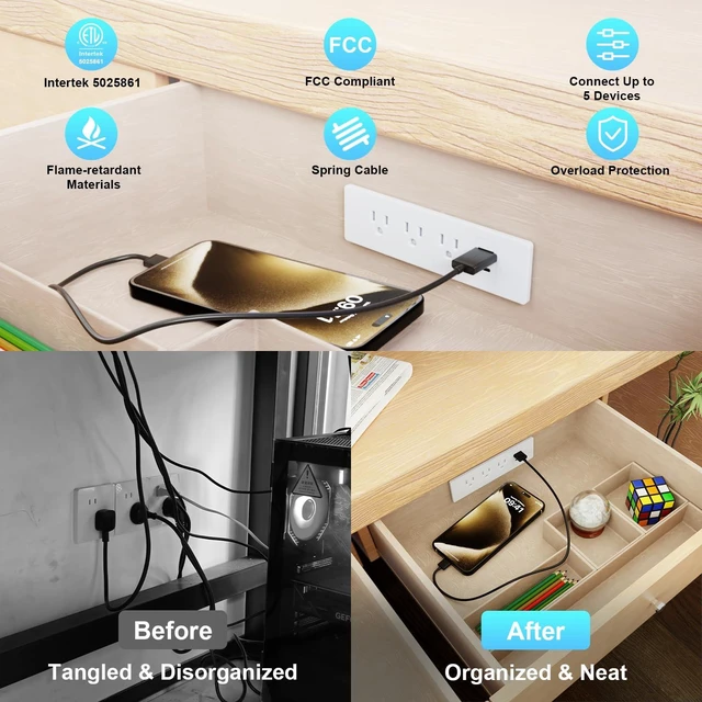 Alt view image 5 of 7 - Drawer Outlet Kit, Recessed Furniture Power Strip, PD 20W Fast Charging Horizontal Outlet, Clutter-Free Drawer Socket with 2 USB(A & C) and 3 12 Amp AC Ports, 7.2 FT Power Cord, Spring Cable