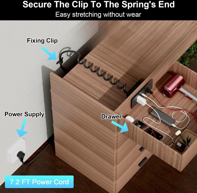 Alt view image 3 of 7 - Recessed Drawer Outlet Kit with PD 20W Charging, 3 USB and 2 AC Outlets Clutter-Free Furniture Power Strip with 1 USB-A and 2 USB-C Ports, 12 Amp AC Outlets, 7.2 ft Cord, Spring Cable, Black