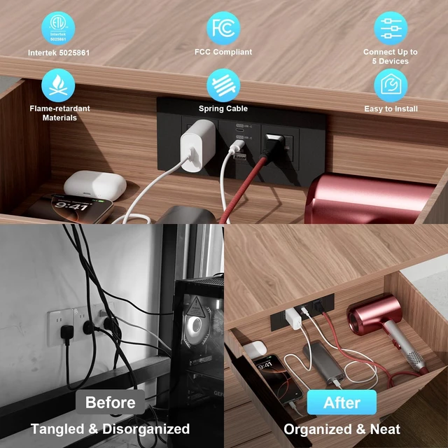 Alt view image 5 of 7 - Recessed Drawer Outlet Kit with PD 20W Charging, 3 USB and 2 AC Outlets Clutter-Free Furniture Power Strip with 1 USB-A and 2 USB-C Ports, 12 Amp AC Outlets, 7.2 ft Cord, Spring Cable, Black