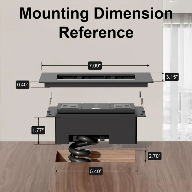 Alt view image 6 of 7 - Recessed Drawer Outlet Kit with PD 20W Charging, 3 USB and 2 AC Outlets Clutter-Free Furniture Power Strip with 1 USB-A and 2 USB-C Ports, 12 Amp AC Outlets, 7.2 ft Cord, Spring Cable, Black