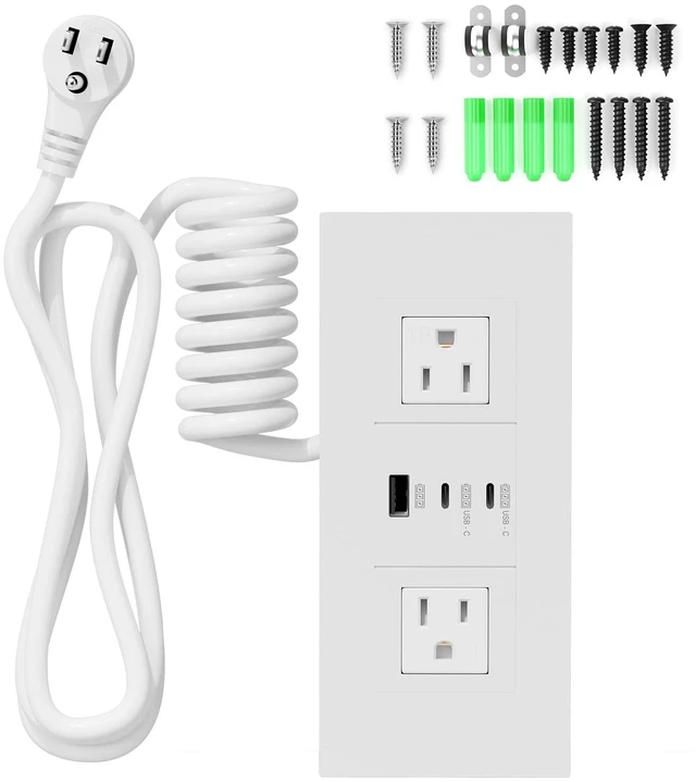 Main image of Recessed Drawer Outlet Kit with PD 20W Charging, 3 USB and 2 AC Outlets Clutter-Free Furniture Power Strip with 1 USB-A and 2 USB-C Ports, 12 Amp AC Outlets, 7.2 ft Cord, Spring Cable, White