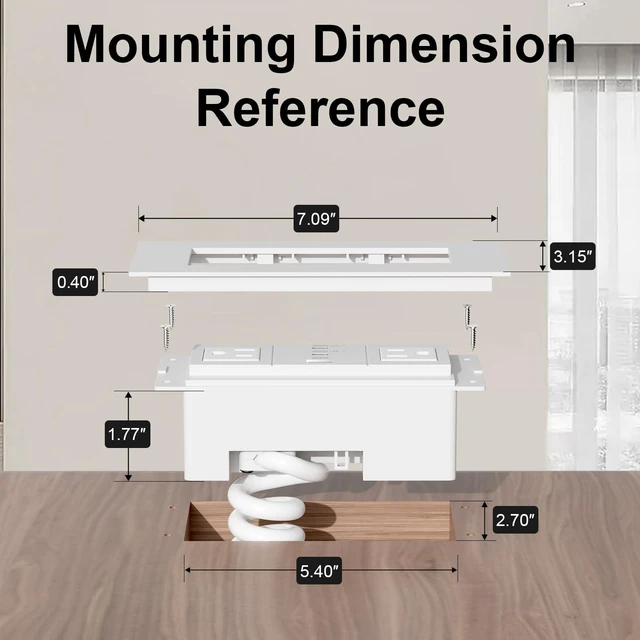 Alt view image 6 of 7 - Recessed Drawer Outlet Kit with PD 20W Charging, 3 USB and 2 AC Outlets Clutter-Free Furniture Power Strip with 1 USB-A and 2 USB-C Ports, 12 Amp AC Outlets, 7.2 ft Cord, Spring Cable, White