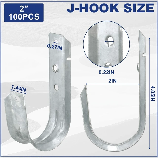 Alt view image 4 of 6 - 100 J Hooks for Hanging Heavy Duty J Hooks, 2 Inch Galvanized Steel Cable Support, Wall Mount Cable J Hooks for Wire Management, Ul Certification, G60, Wire Arrangement