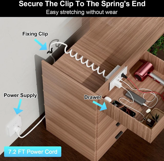 Alt view image 3 of 7 - Recessed Drawer Outlet Kit with PD 20W Charging, 3 USB and 2 AC Outlets Clutter-Free Furniture Power Strip with 1 USB-A and 2 USB-C Ports, 12 Amp AC Outlets, 7.2 ft Cord, Spring Cable, White