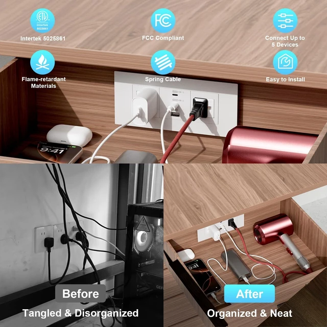 Alt view image 5 of 7 - Recessed Drawer Outlet Kit with PD 20W Charging, 3 USB and 2 AC Outlets Clutter-Free Furniture Power Strip with 1 USB-A and 2 USB-C Ports, 12 Amp AC Outlets, 7.2 ft Cord, Spring Cable, White