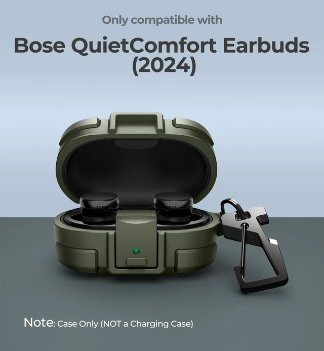 Alt view image 2 of 7 - for Bose QuietComfort Earbuds Protective Case with Drop-Proof Lock, Shockproof Rugged Bumper Cover with Carabiner & Keyring for Bose QuietComfort Earbuds 2024 GreenCharger not Included