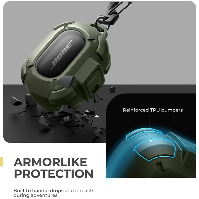 Alt view image 4 of 7 - for Bose QuietComfort Earbuds Protective Case with Drop-Proof Lock, Shockproof Rugged Bumper Cover with Carabiner & Keyring for Bose QuietComfort Earbuds 2024 GreenCharger not Included